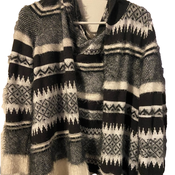 Penningtons Jackets & Blazers - Black/White Fuzzy Striped Hooded Cardigan